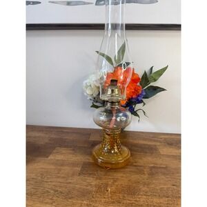 Vintage Amber Hobnail Glass Oil Lamp UV Reactive Pink Glow Hurricane Lamp Decor